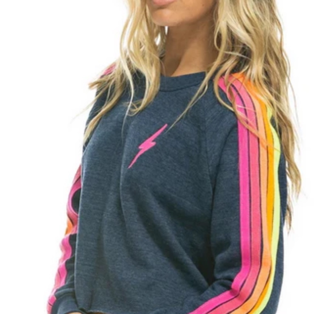 Aviator Nation Blue Hoodie with Pink Lightning Bolt